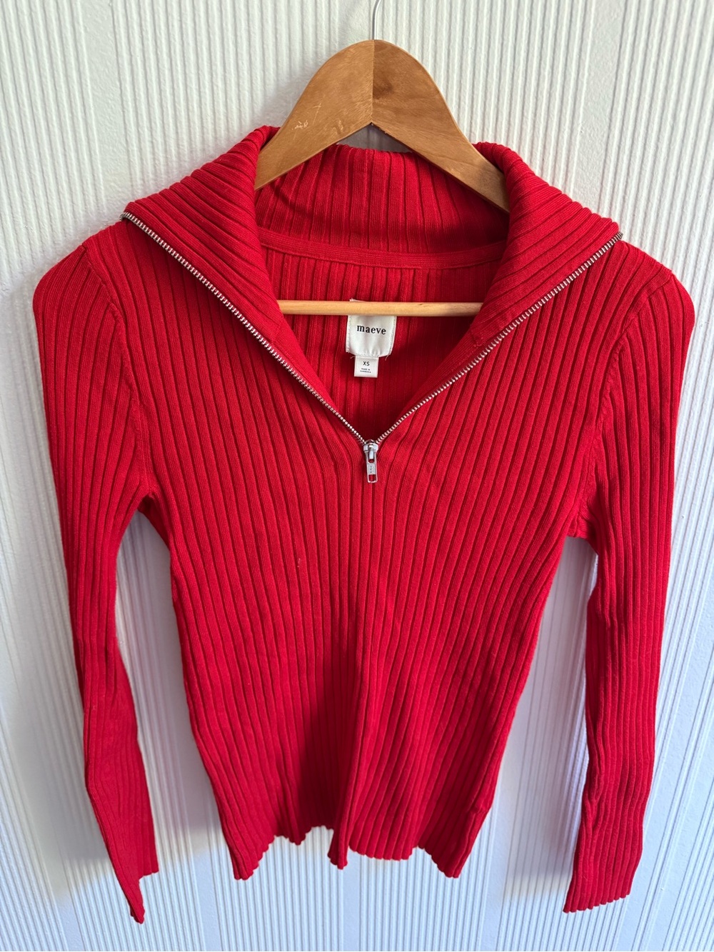 Maeve Red Ribbed Zip-Neck Slim Sweater
